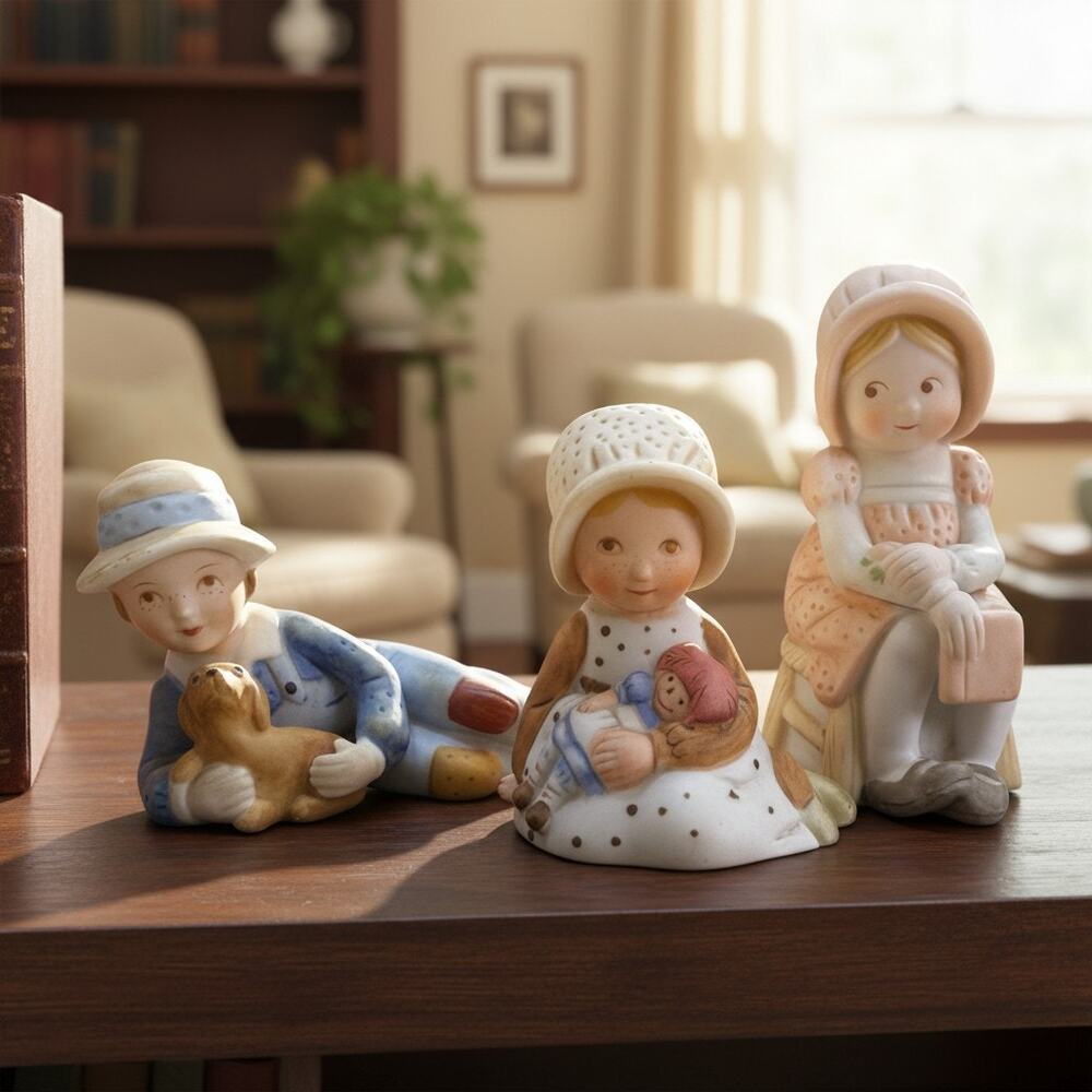 Vintage Holly Hobbie Figurines Lot of 3 Boy Puppy Girl Doll Chair Cottagecore